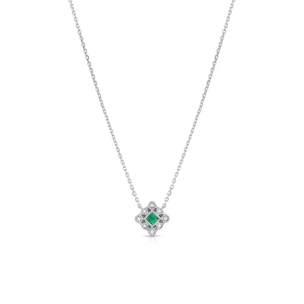 14K White Gold Diamond Emerald Square Filigree Art Deco Necklace