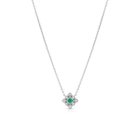 14K White Gold Diamond Emerald Square Filigree Art Deco Necklace