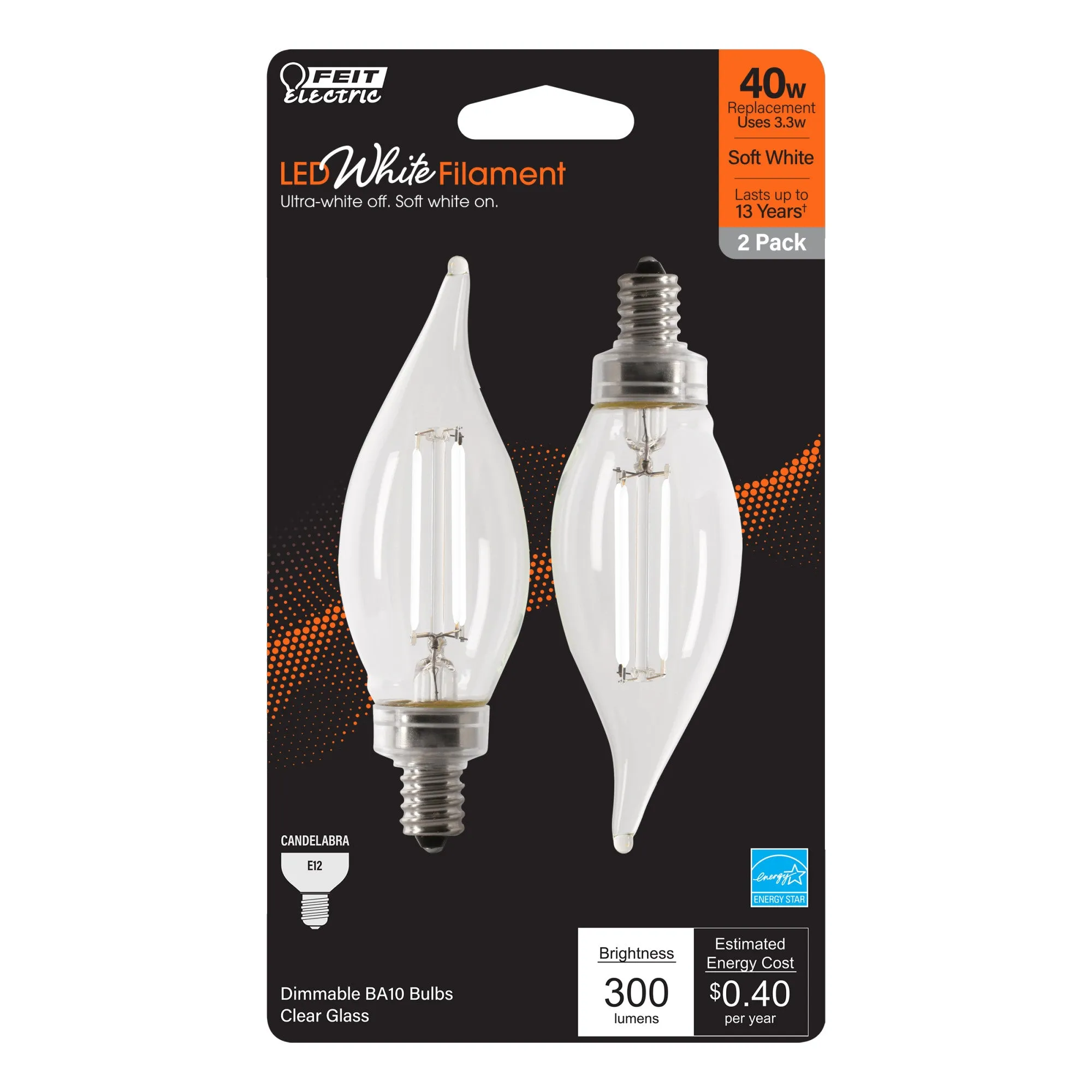 3.3W (40W Replacement) Soft White (2700K) Flame Tip BA10 (E12 Base) Exposed White Filament LED Bulb (2-Pack)