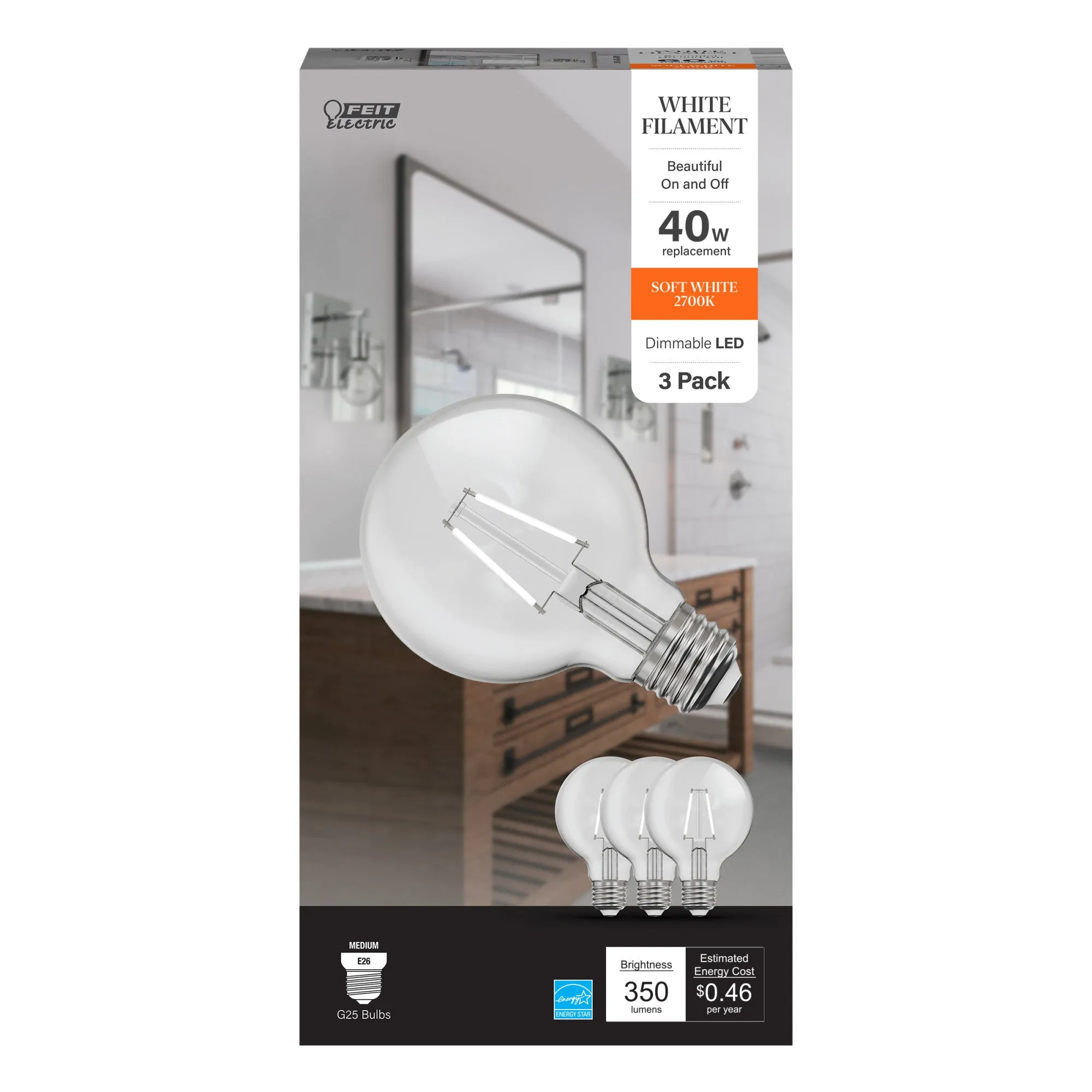 3.8W (40W Replacement) Soft White (2700K) Globe Shape (E26 Base) Exposed White Filament LED Bulb (3-Pack)