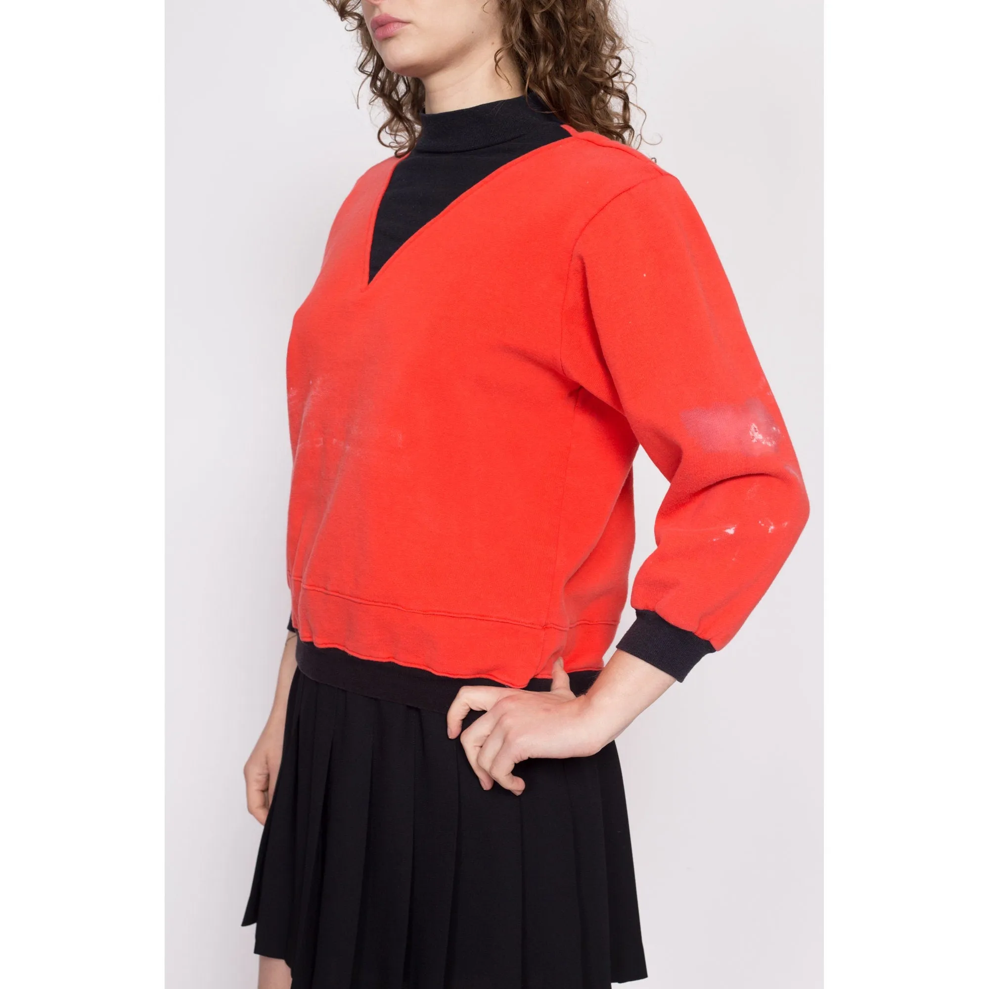 80s Orange Black Color Block Sweatshirt - Petite Small to Medium