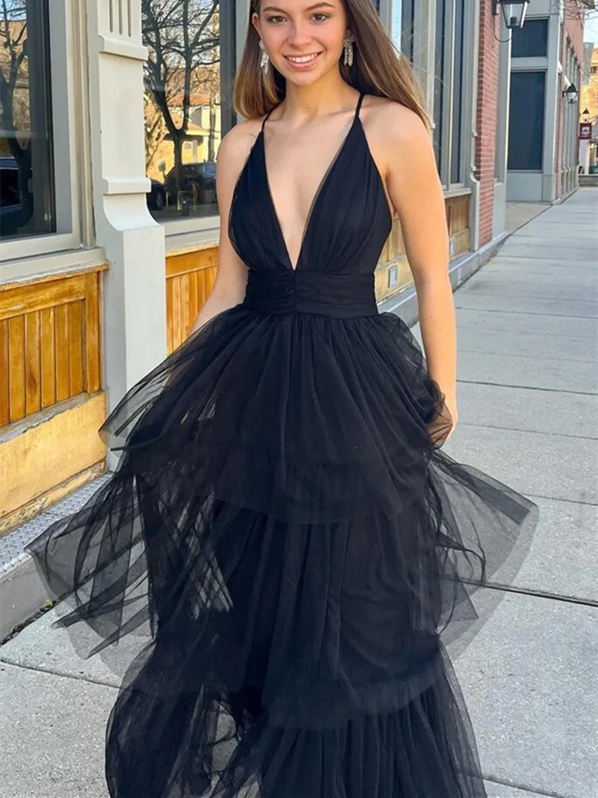 A Line Deep V Neck Black Tulle Layered Long Prom Dress, V Neck Black Backless Formal Dress, Long Black Evening Dress