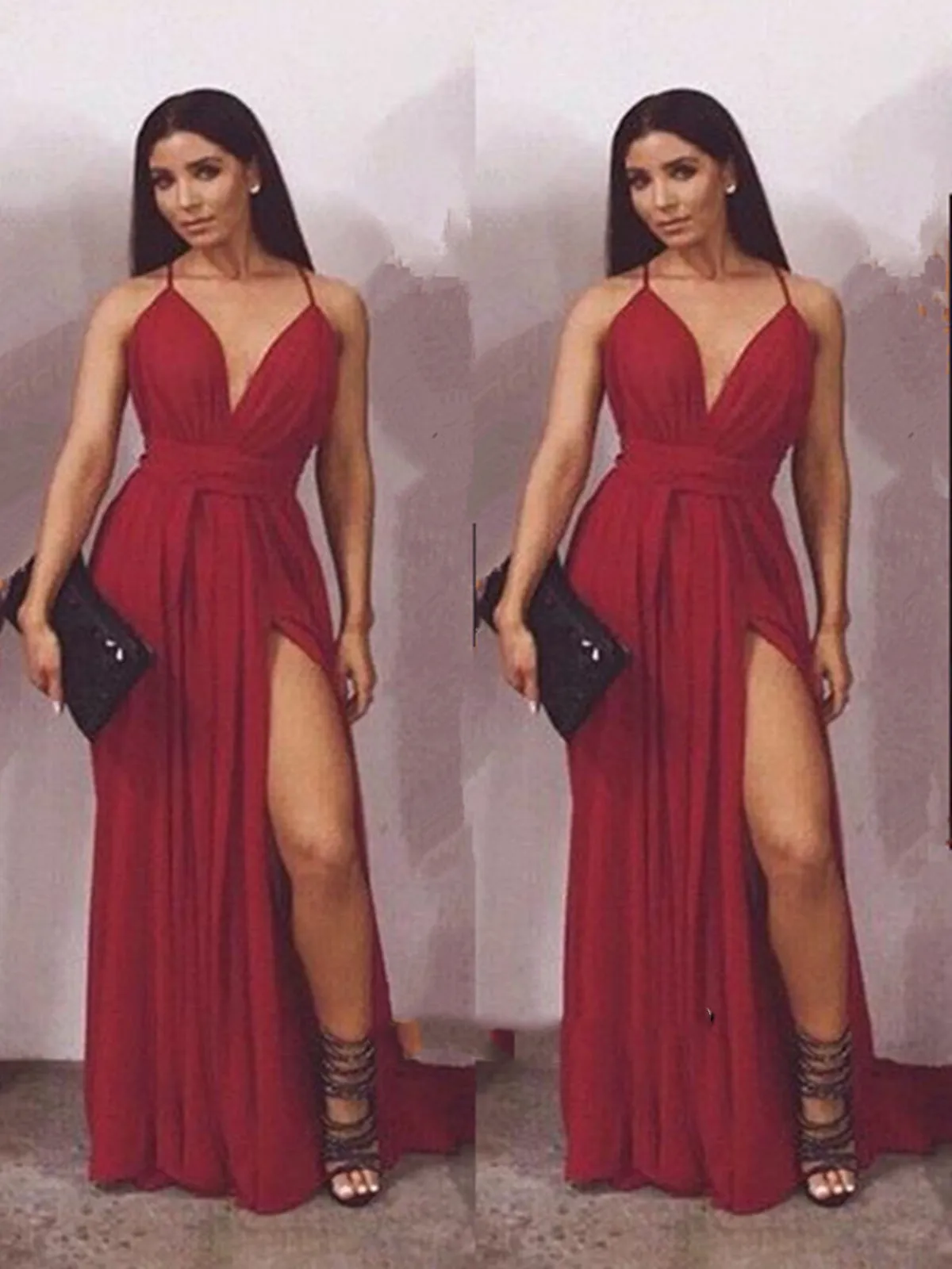 A Line V Neck Burgundy Chiffon Prom Dresses with Slit, Burgundy Formal Dresses