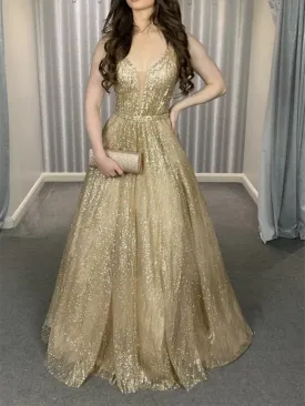 A Line V Neck Gold Sequins Long Prom Dresses, A Line V Neck Golden  Sequins Long Formal Evening Dresses