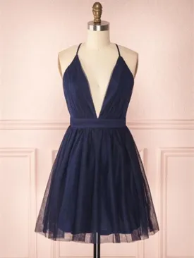 A Line V Neck Navy Blue Short Prom Dresses, Navy Blue Homecoming Dresses