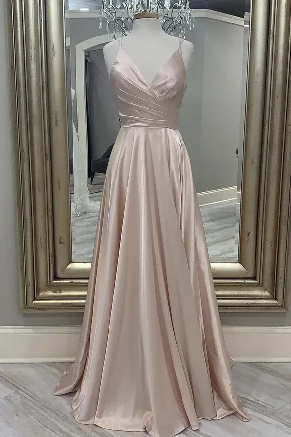 A  Line V Neck Satin Long Prom Dresses, Simple Satin V Neck Long Formal Evening Dresses