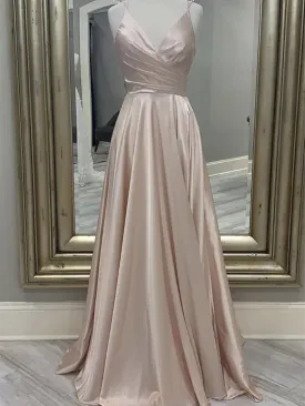 A  Line V Neck Satin Long Prom Dresses, Simple Satin V Neck Long Formal Evening Dresses