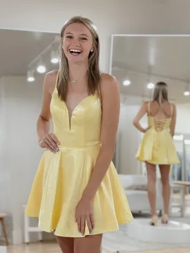 A Line V Neck Short Yellow Backless Prom Dresses, Short Yellow Formal Evening Dresses