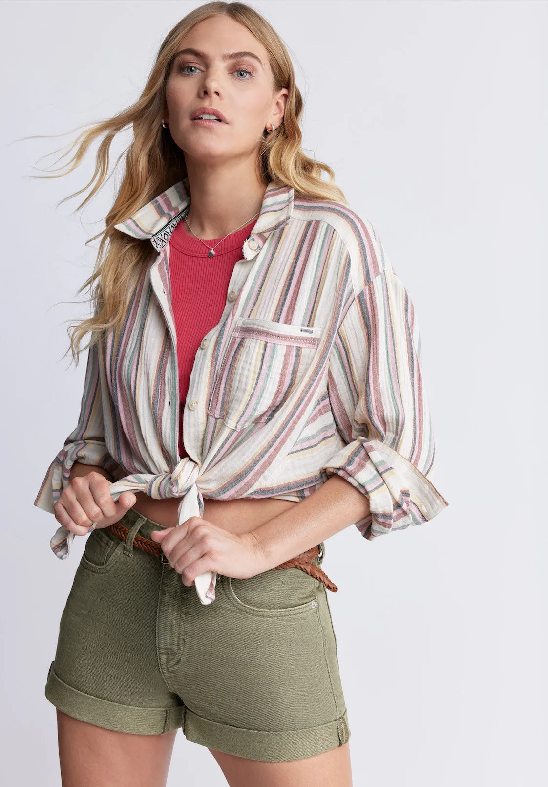 Aija Women’s Long Sleeve Striped Blouse in Beige & Pink - WT0080P