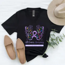 All Cancer Awareness Filigree Butterfly Black V-Neck T-Shirt