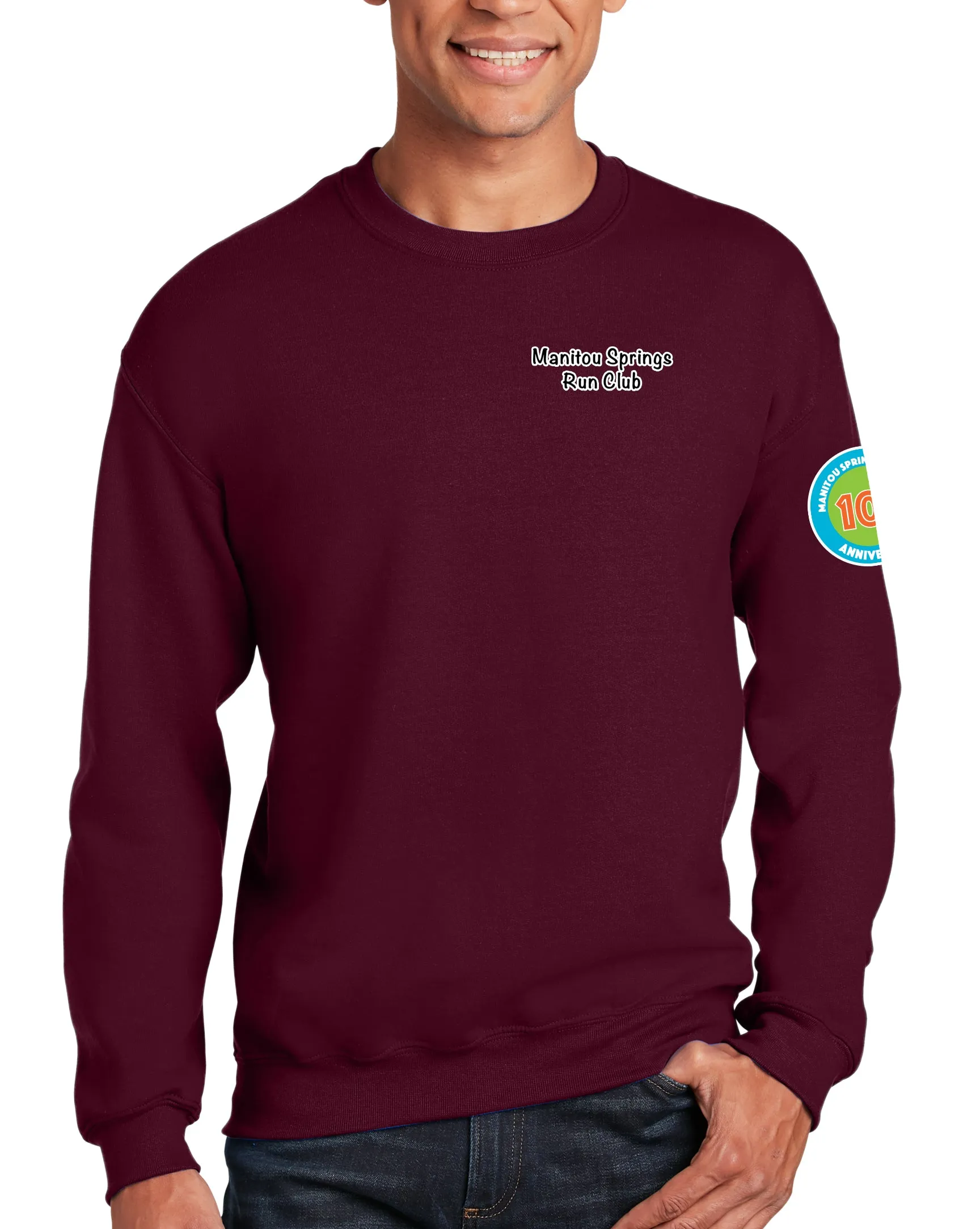 Anniversary Patch Crewneck Unisex Sweatshirt. This sweatshirt comes in multiple colors.