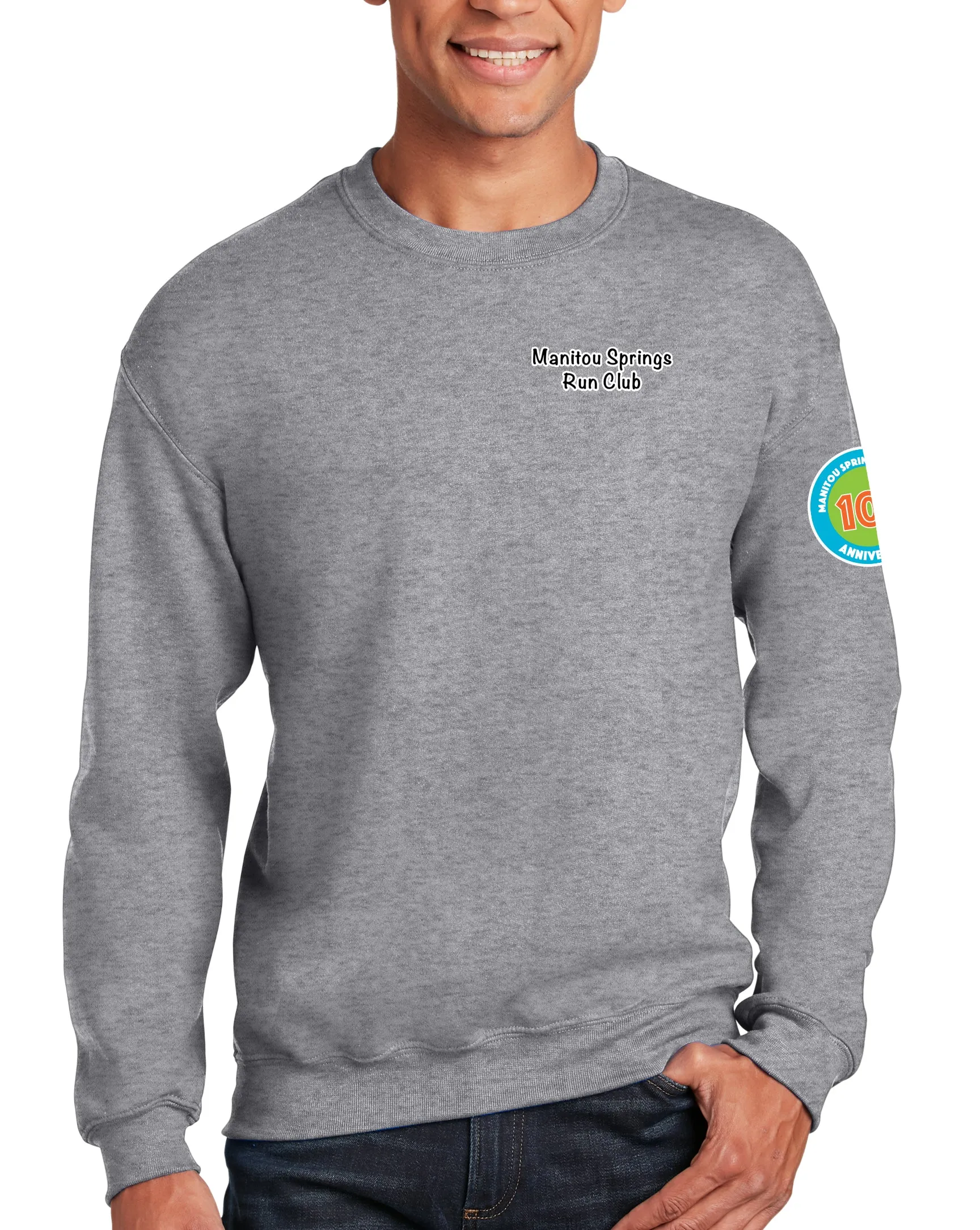 Anniversary Patch Crewneck Unisex Sweatshirt. This sweatshirt comes in multiple colors.