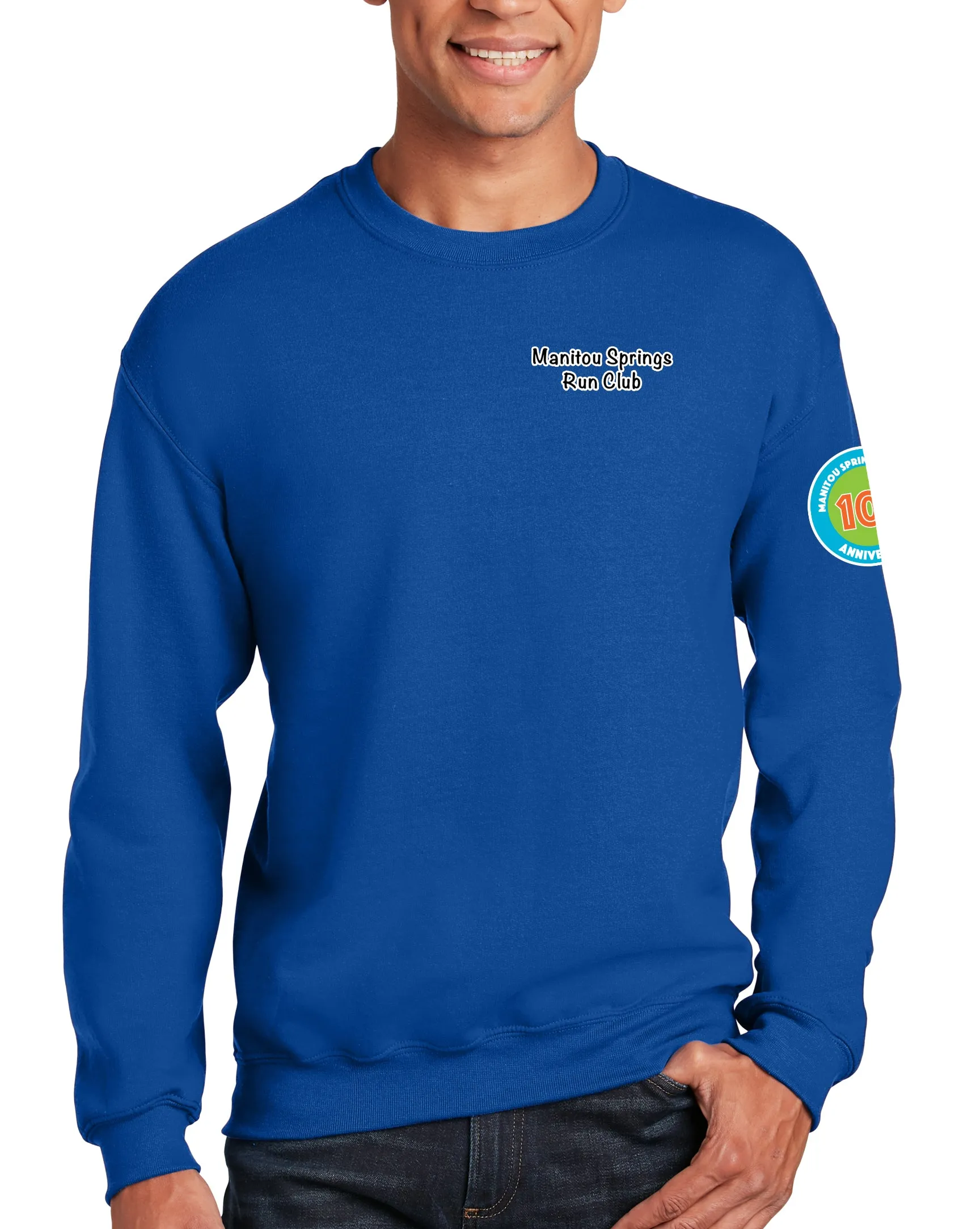 Anniversary Patch Crewneck Unisex Sweatshirt. This sweatshirt comes in multiple colors.