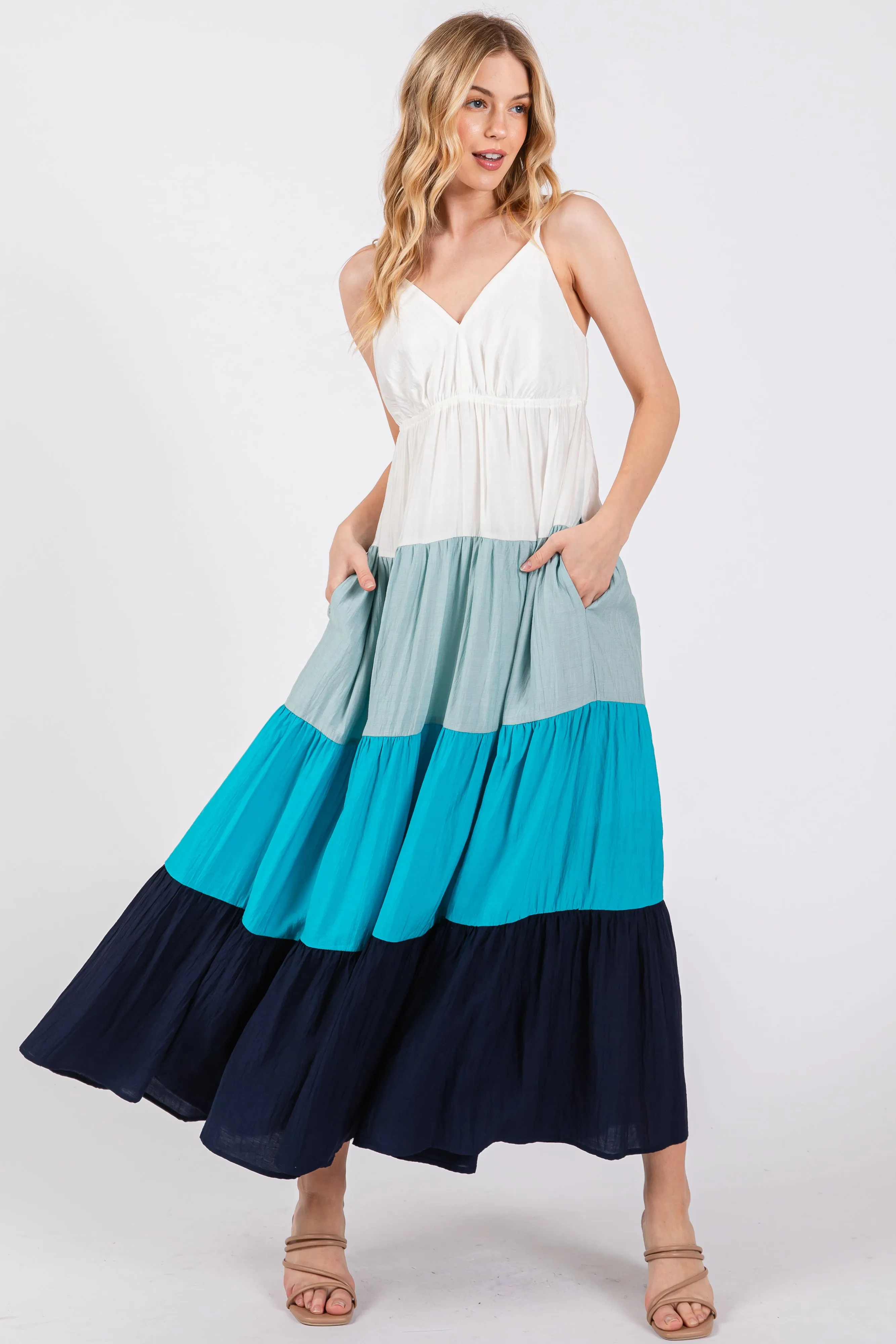 Aqua V-Neck Tiered Color Block Maternity Midi Dress