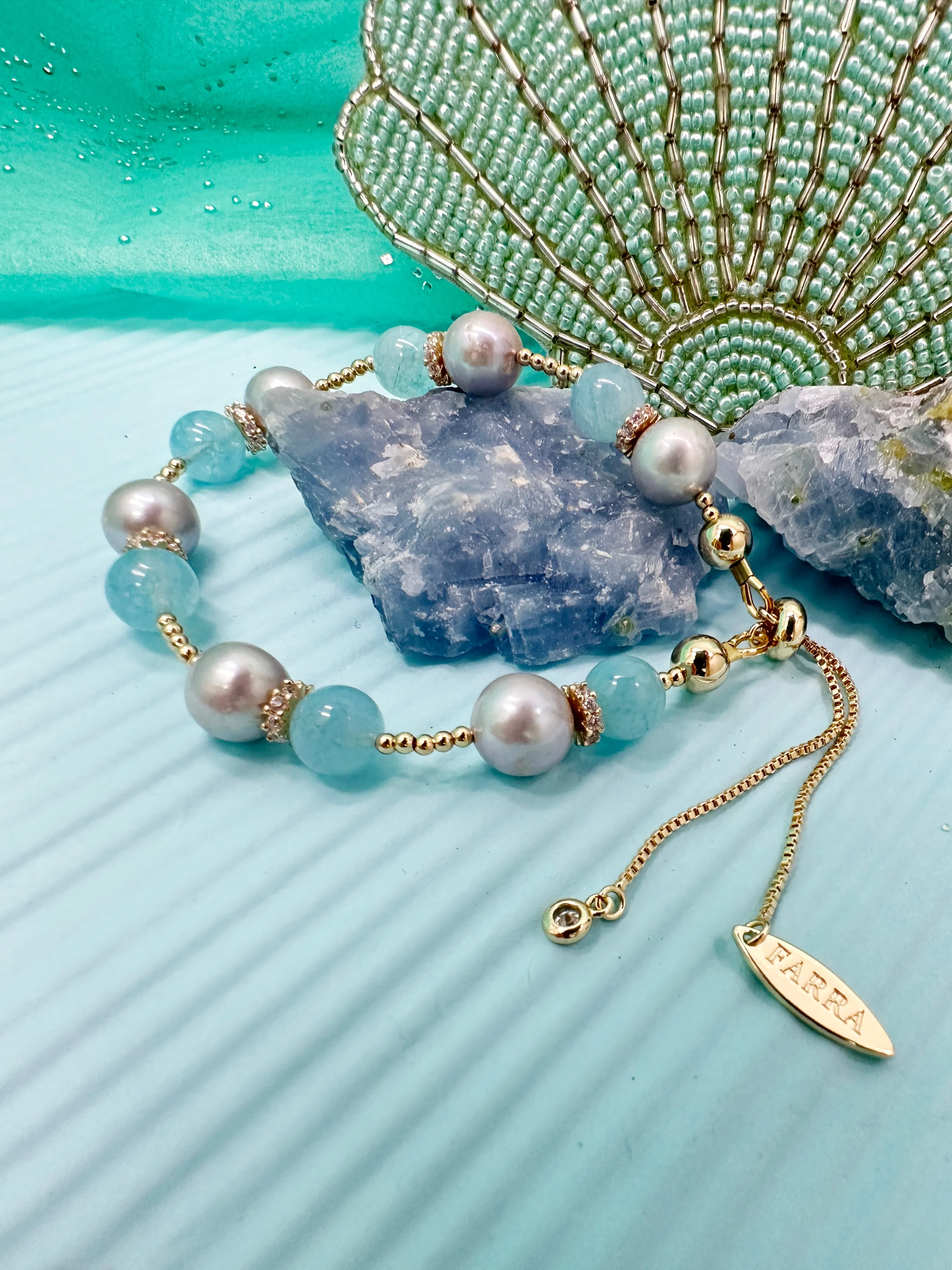 Aquamarine With Gay Freshwater Pearls Adjustable Bracelet LB006