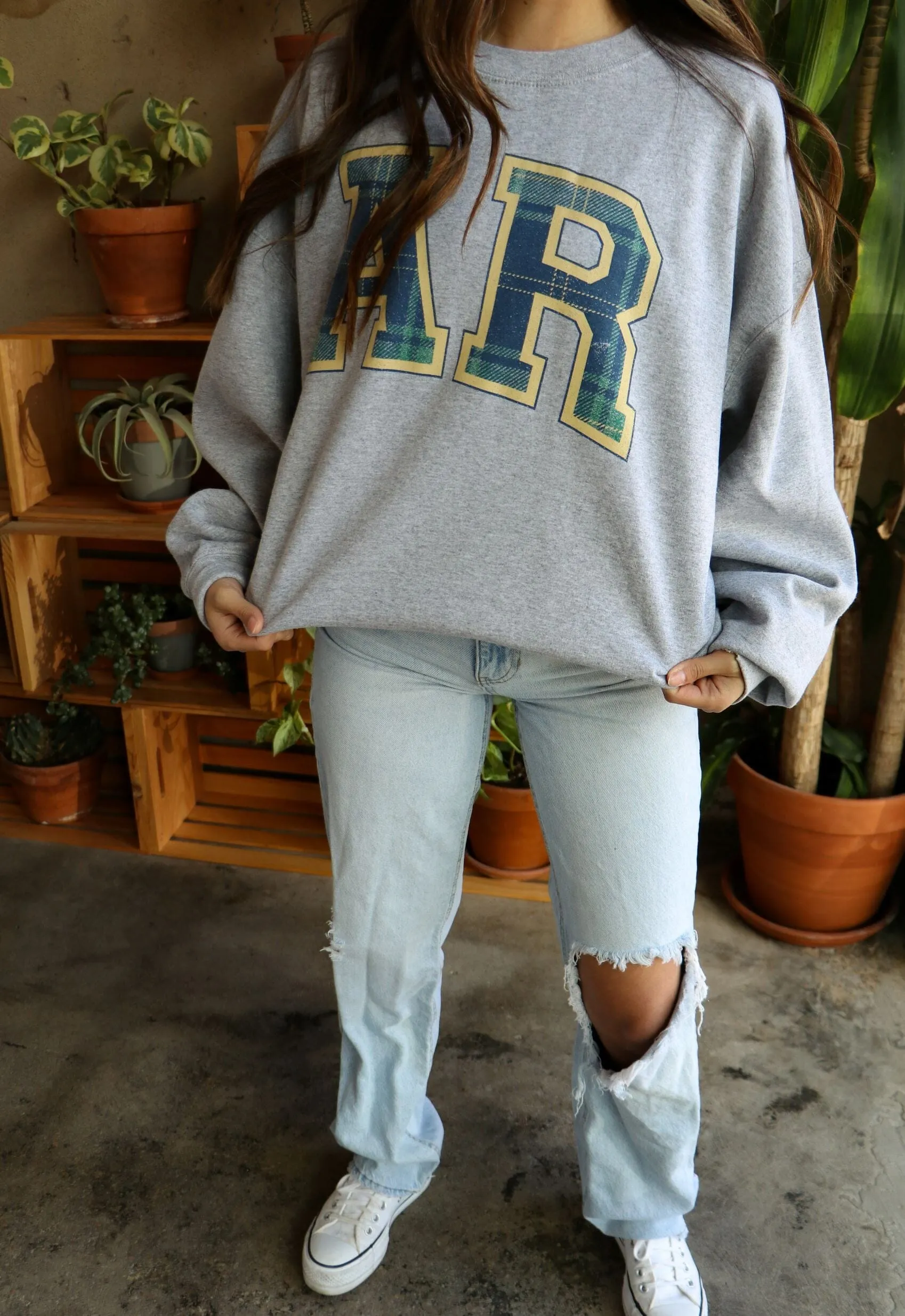 AR Plaid Arch (Gold Outline) Gray Thrifted Sweatshirt