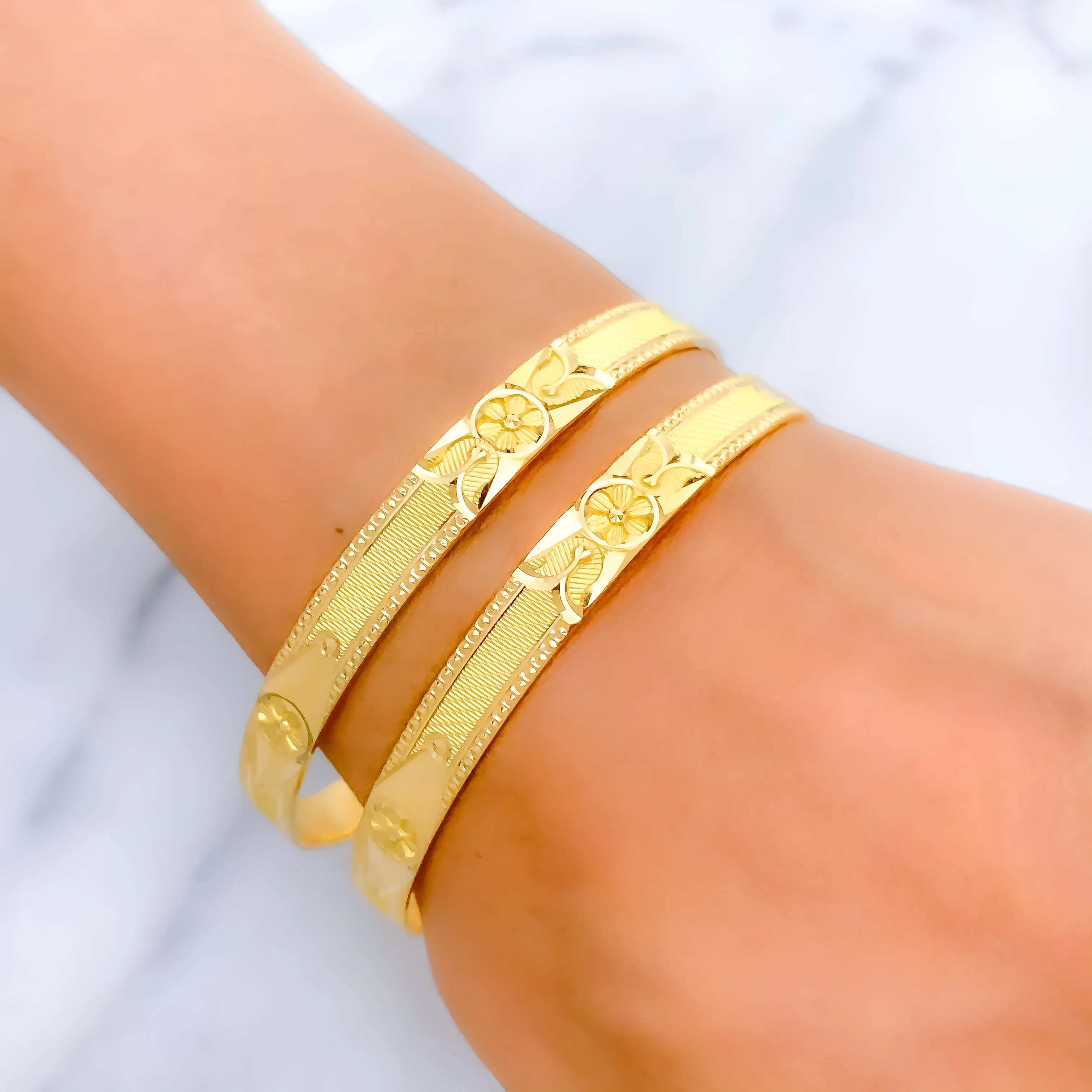 Attractive Etched Flower Accented 22k Gold Bangles