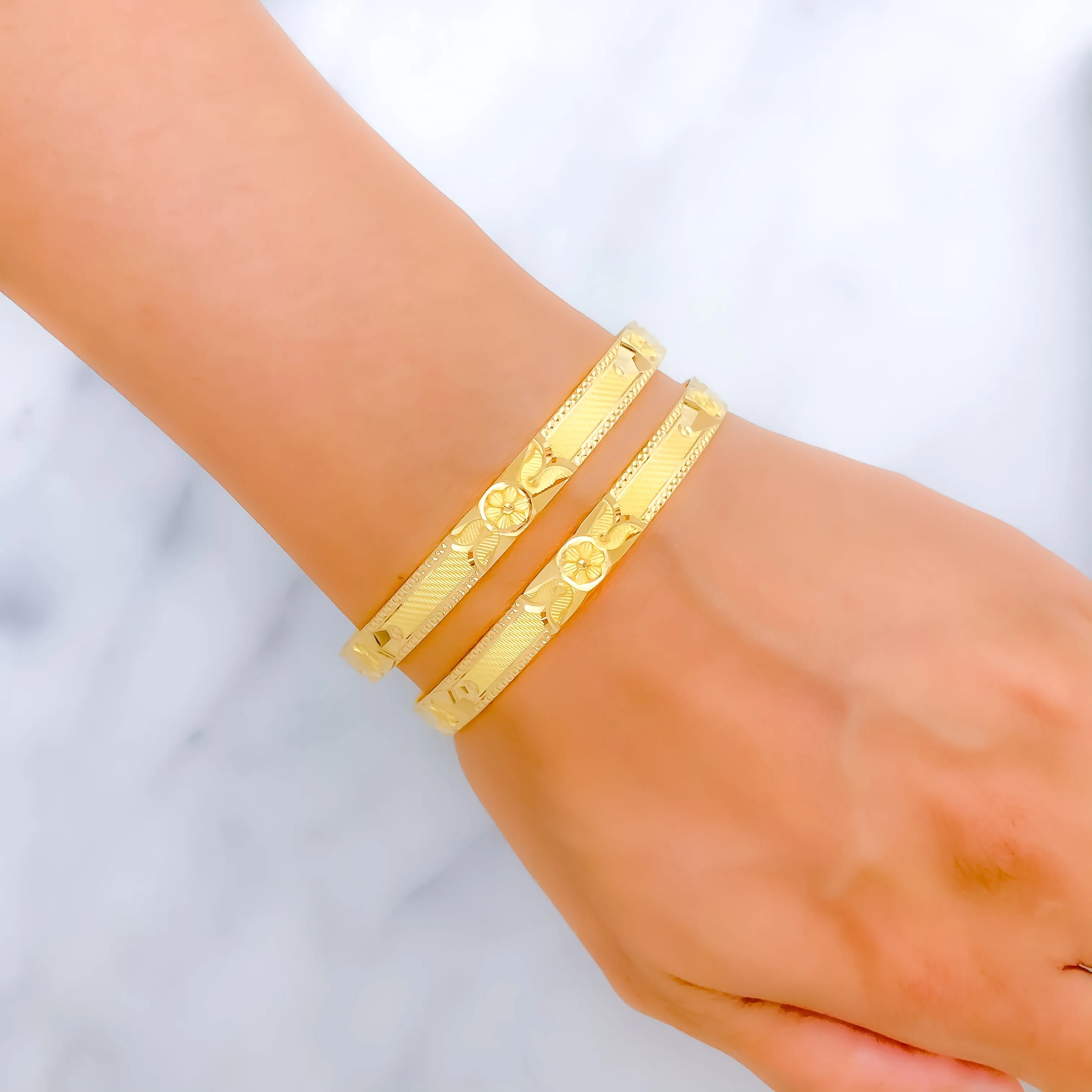 Attractive Etched Flower Accented 22k Gold Bangles