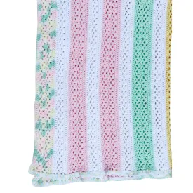 Baby Crochet Crib Blanket. White, Pink, Green Stripes. Floral Border 56x36