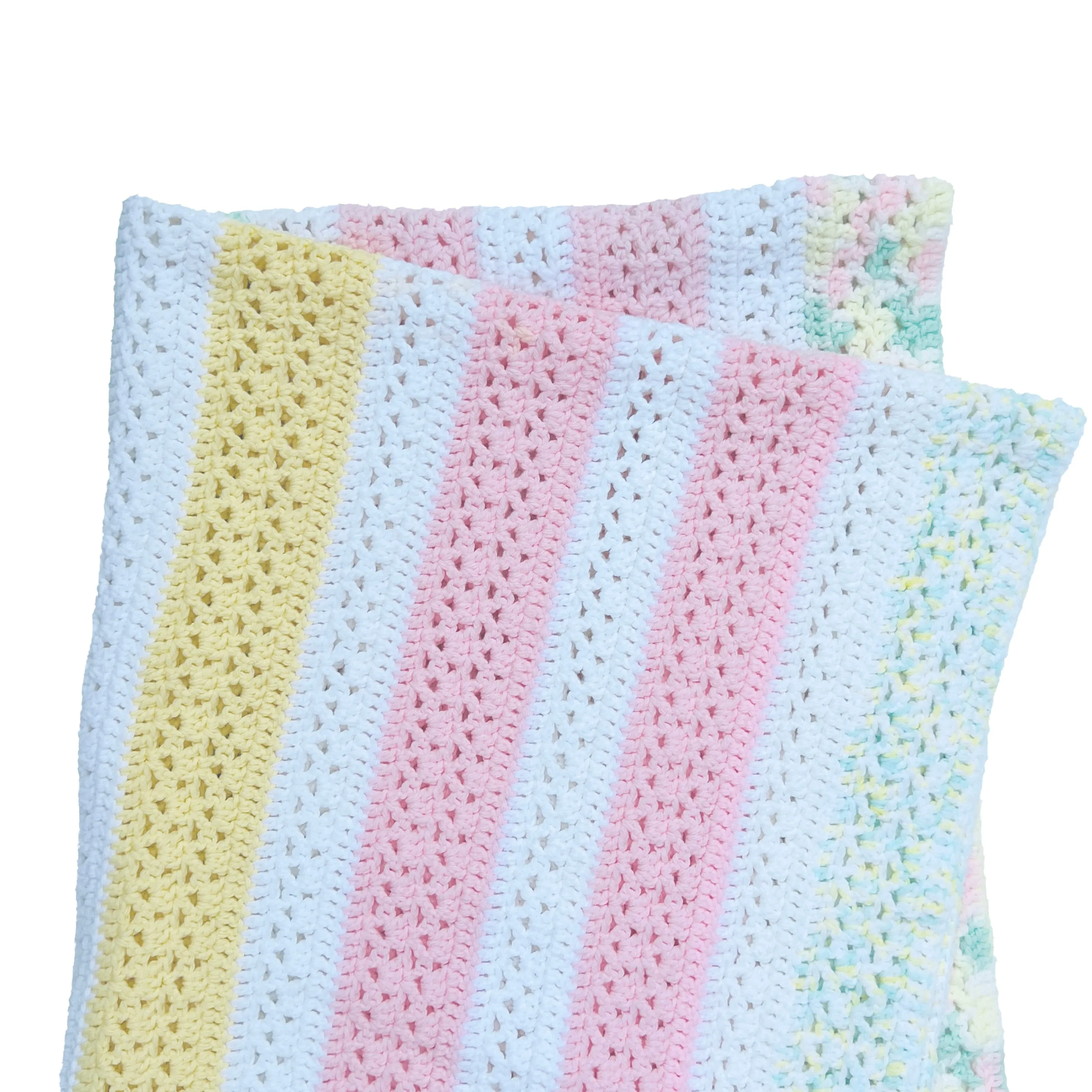 Baby Crochet Crib Blanket. White, Pink, Green Stripes. Floral Border 56x36