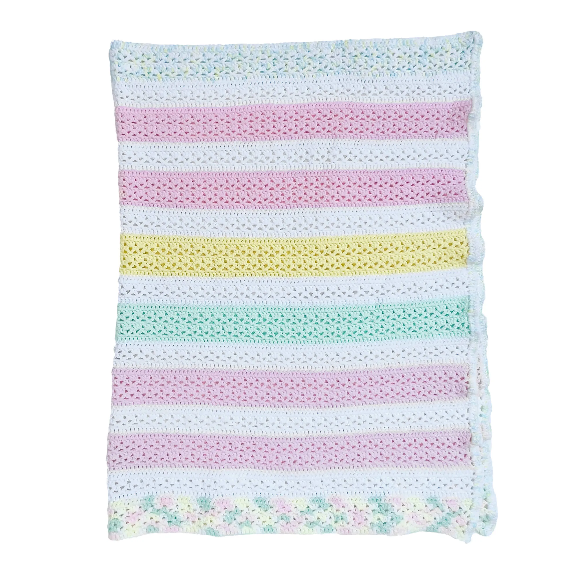 Baby Crochet Crib Blanket. White, Pink, Green Stripes. Floral Border 56x36