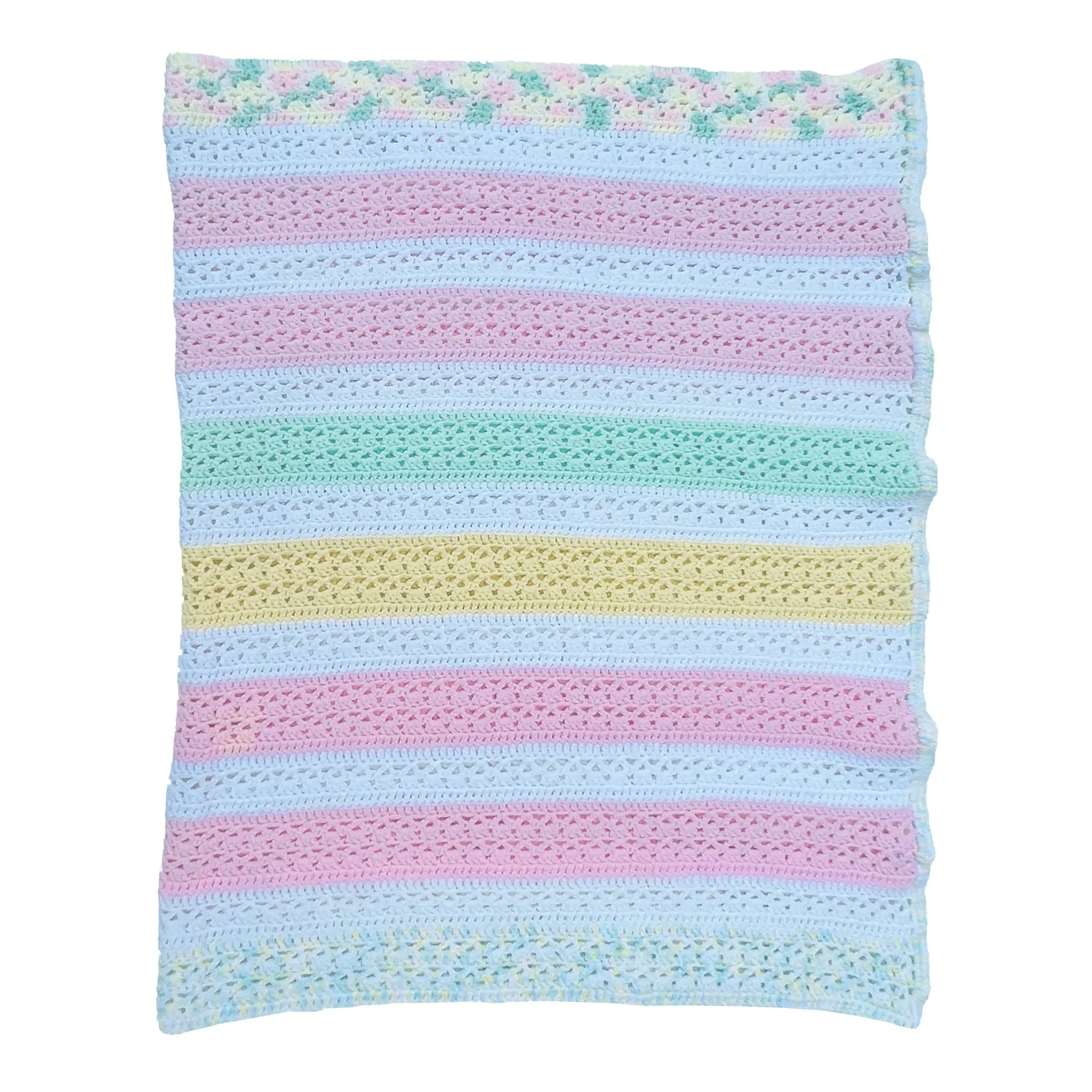 Baby Crochet Crib Blanket. White, Pink, Green Stripes. Floral Border 56x36