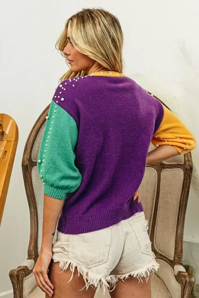 BiBi Color Block Pearl Detail Round Neck Sweater