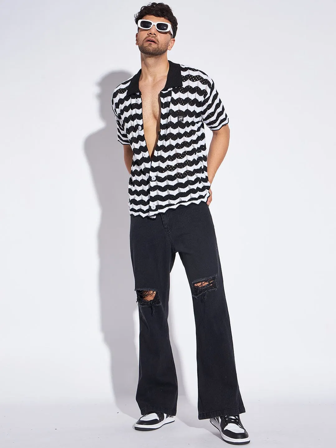 Black & White Wavy Striped Knitted Shirt