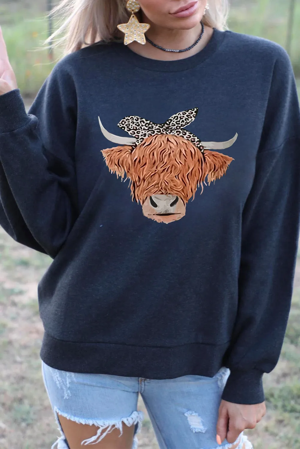 Black Animal Print Headband Cow Sweatshirt