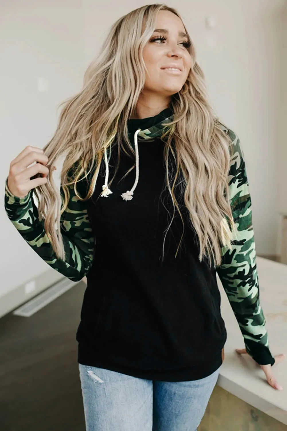 Black Camouflage Print Raglan Sleeve Hoodie