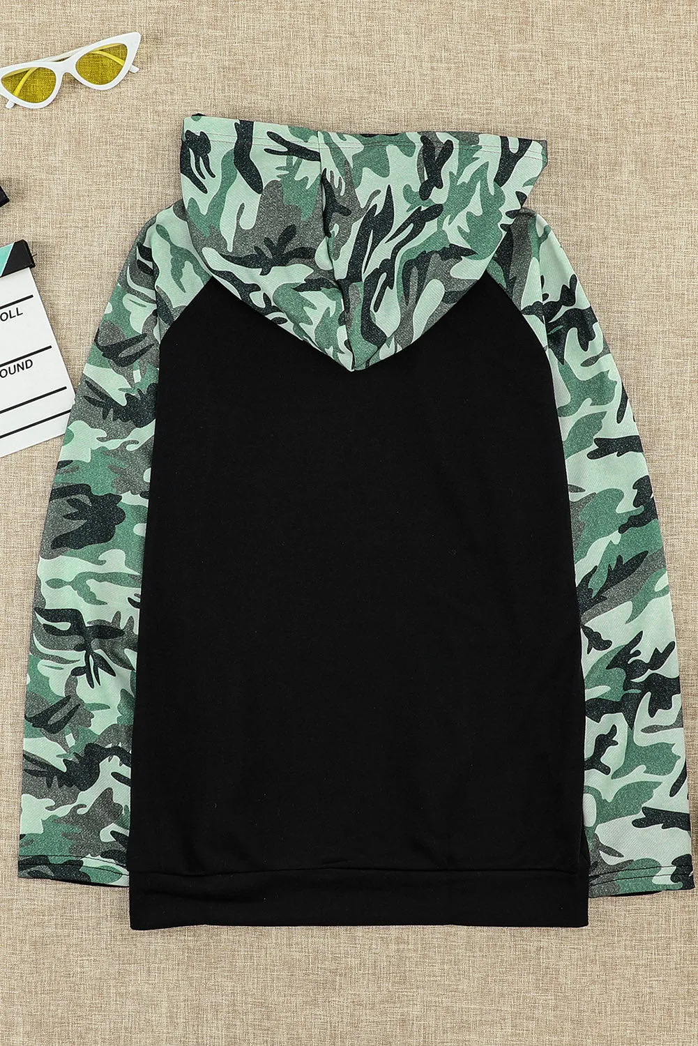 Black Camouflage Print Raglan Sleeve Hoodie