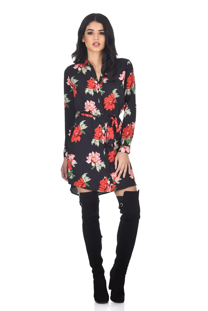 Black Floral Printed Shirt Dress