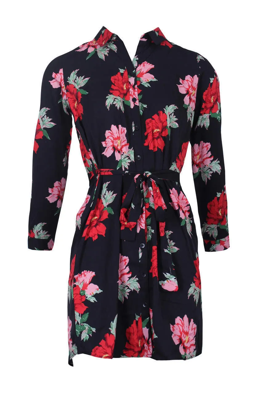 Black Floral Printed Shirt Dress