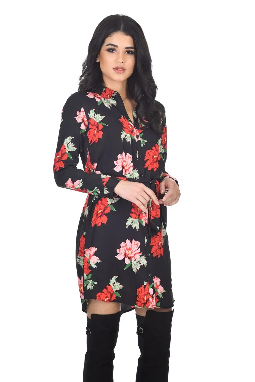 Black Floral Printed Shirt Dress