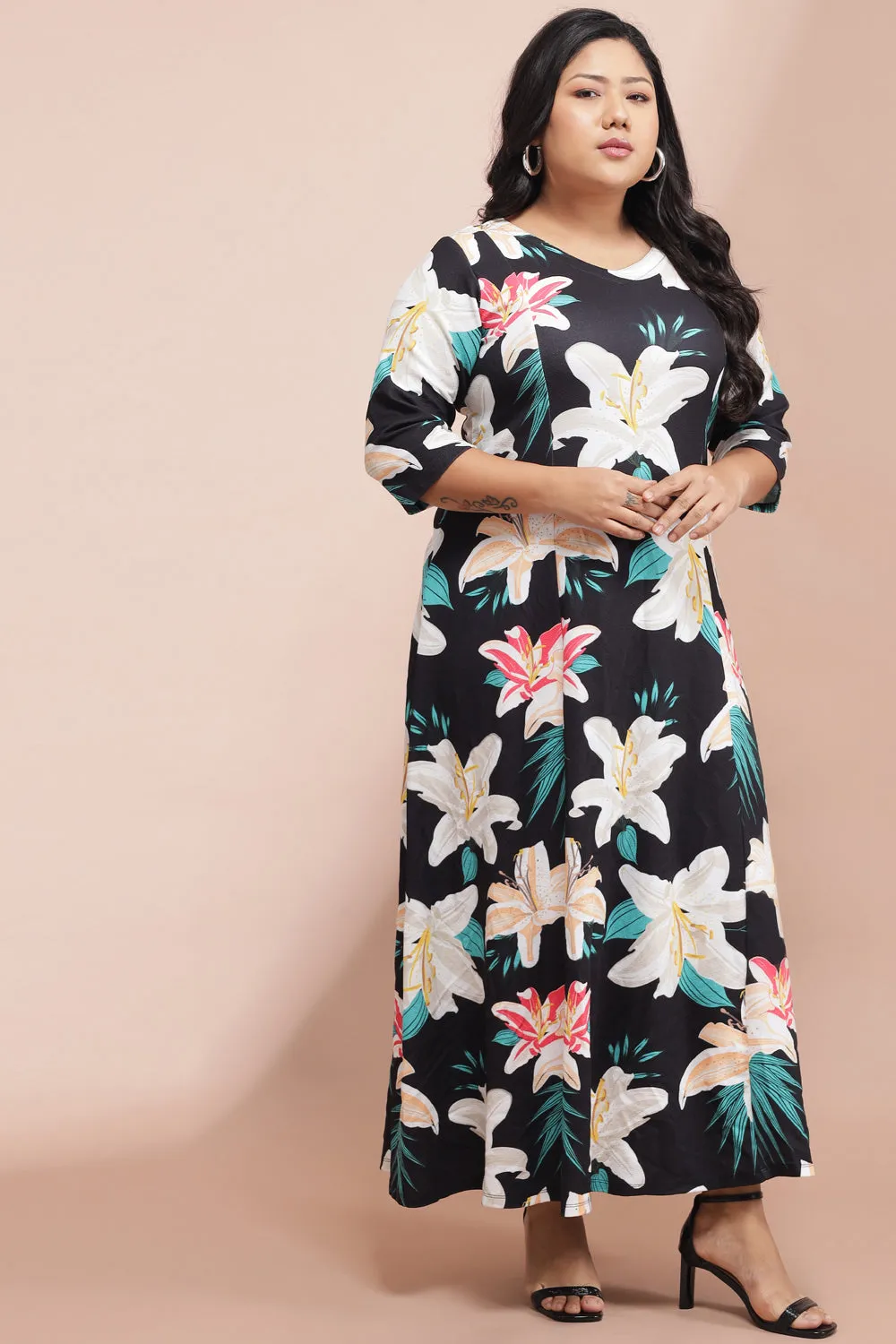 Black Madagascar Floral Printed Dress