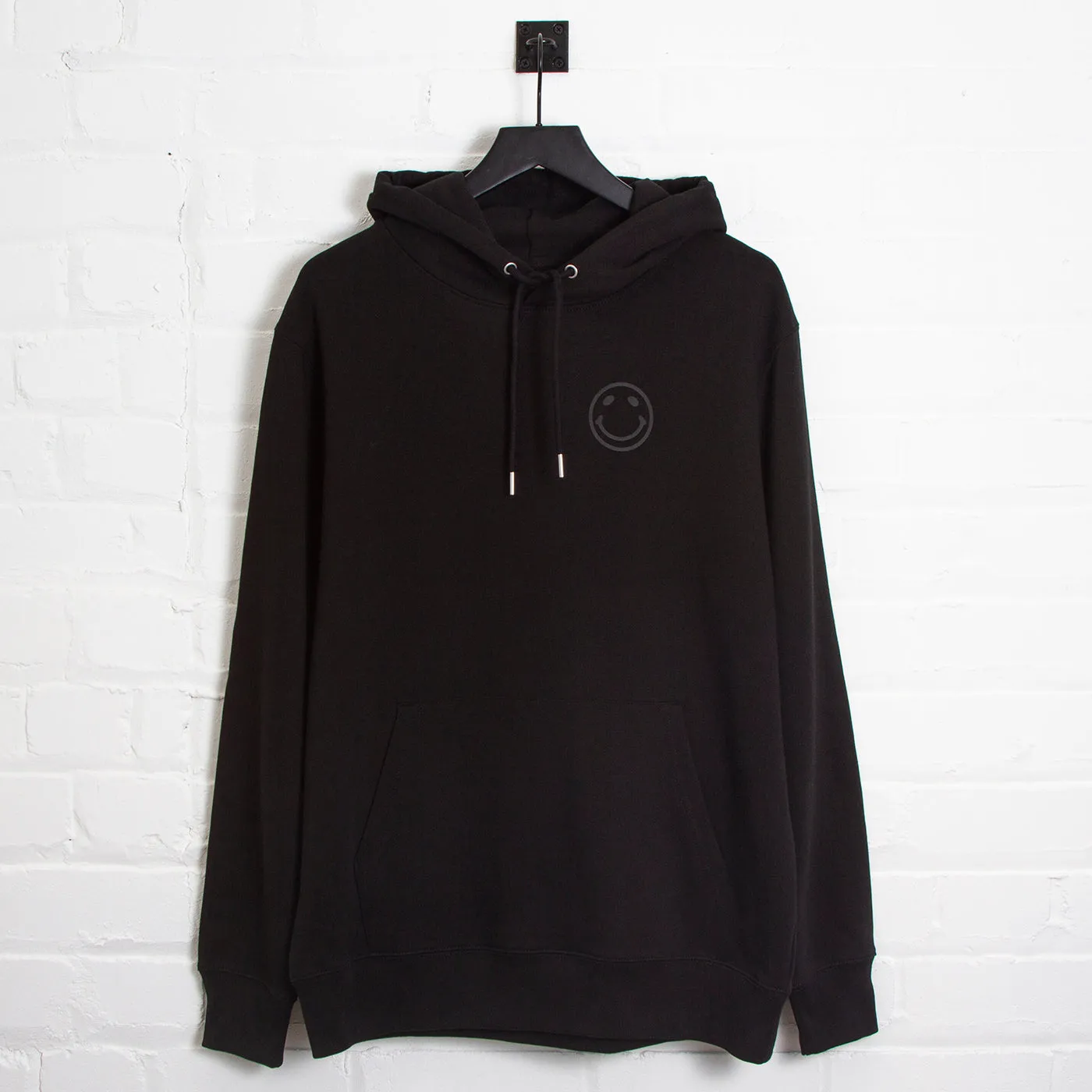 Black On Black Side Smiley Back  - Pullover Hood - Black