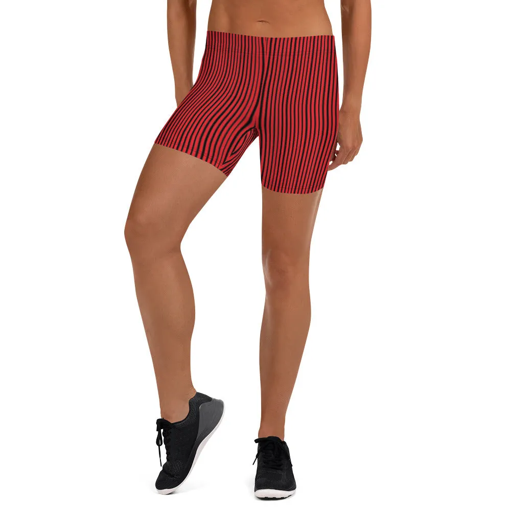 Black Red Striped Women's Shorts, Best Vertical Stripes Short Tights-Made in USA/EU/MX