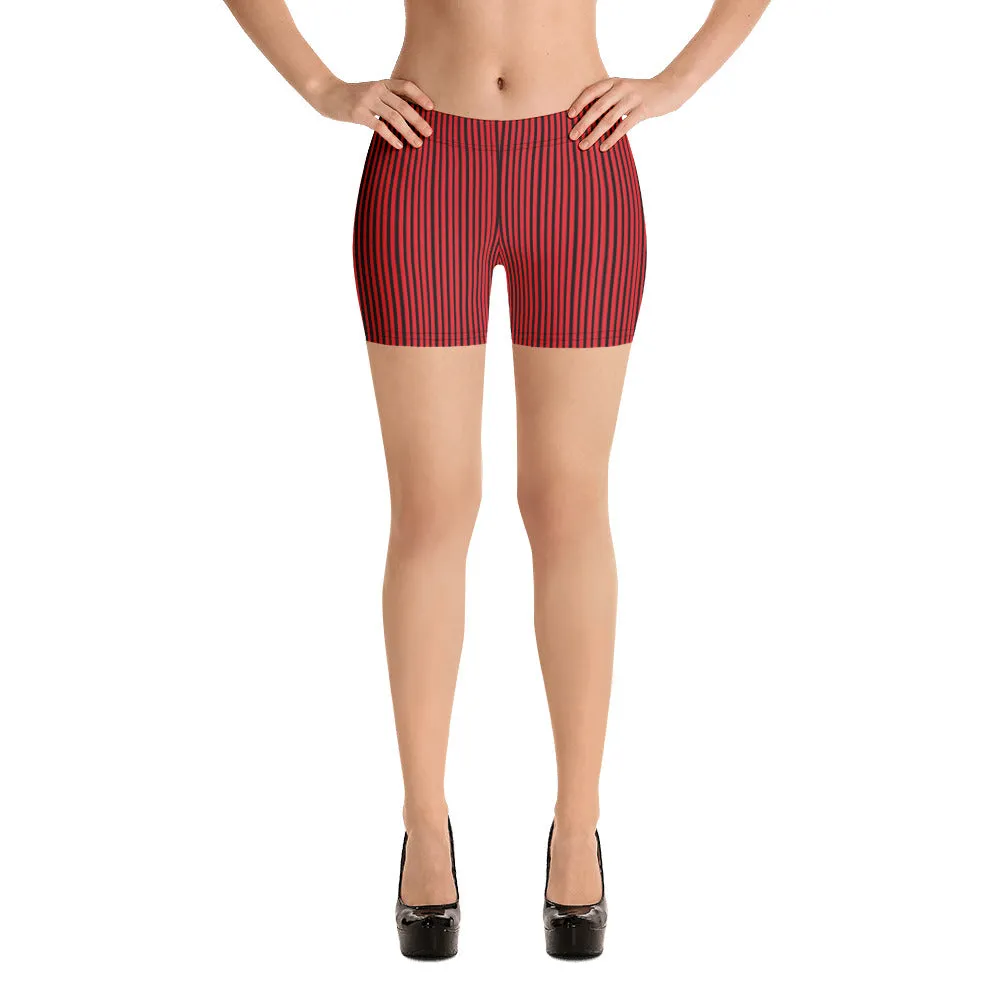 Black Red Striped Women's Shorts, Best Vertical Stripes Short Tights-Made in USA/EU/MX