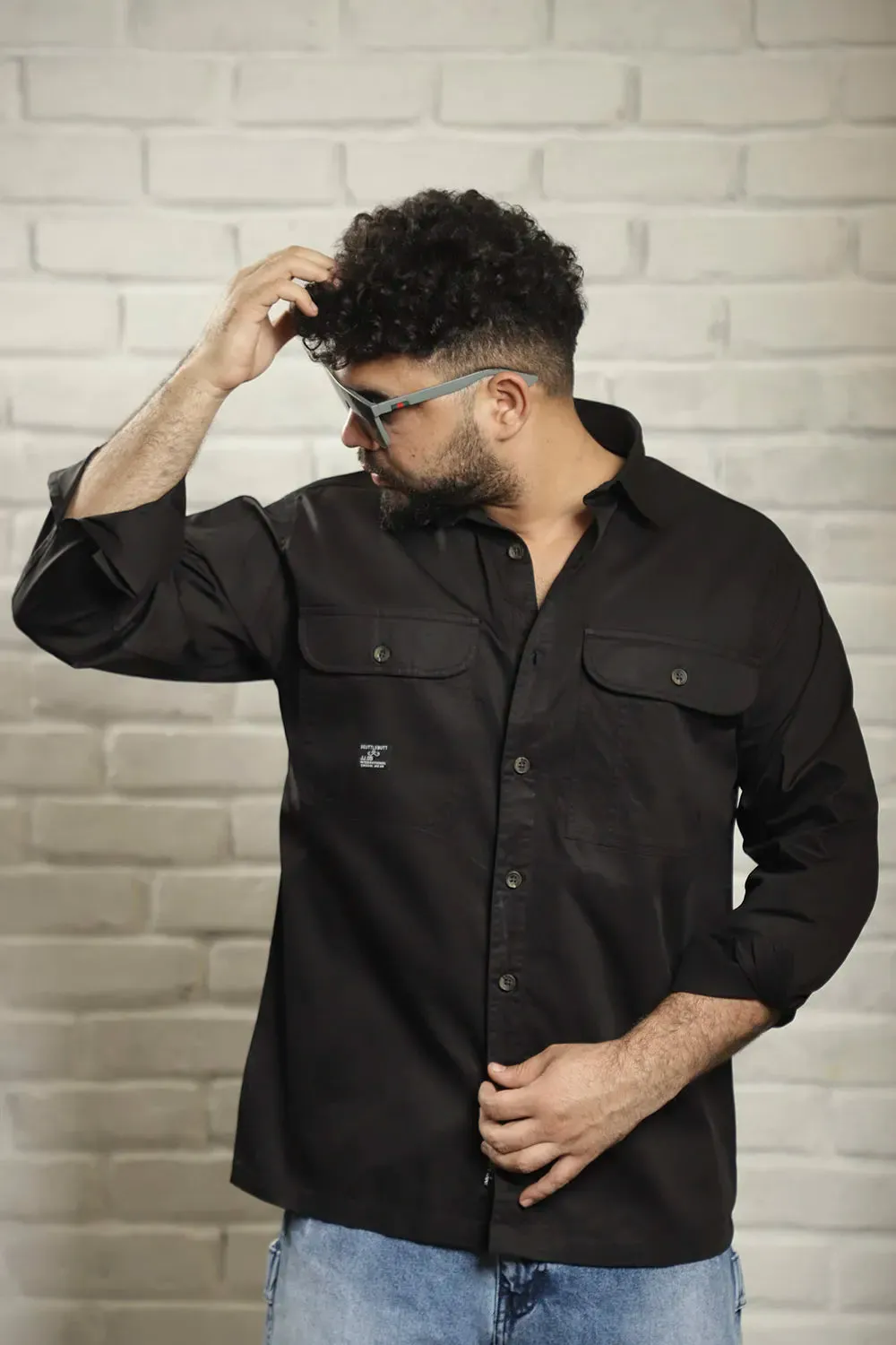 Black Twill Cotton Solid Plain Shirt