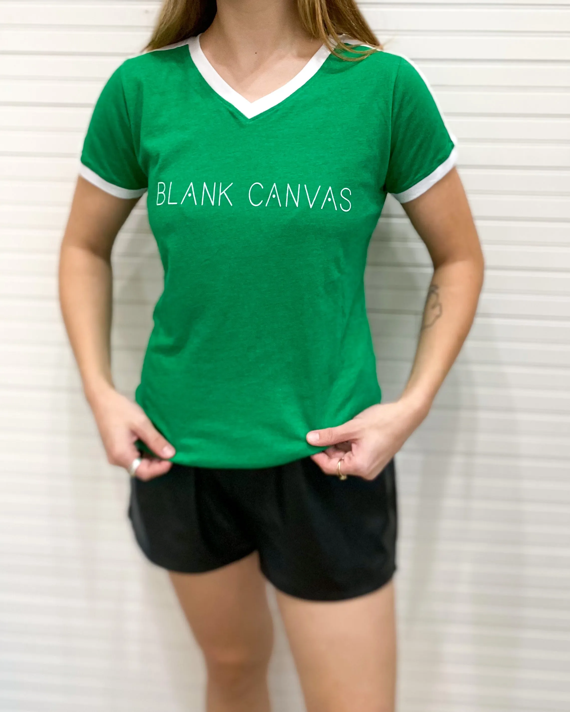 Blank Canvas Logo Womans Ringer V-Neck Tee