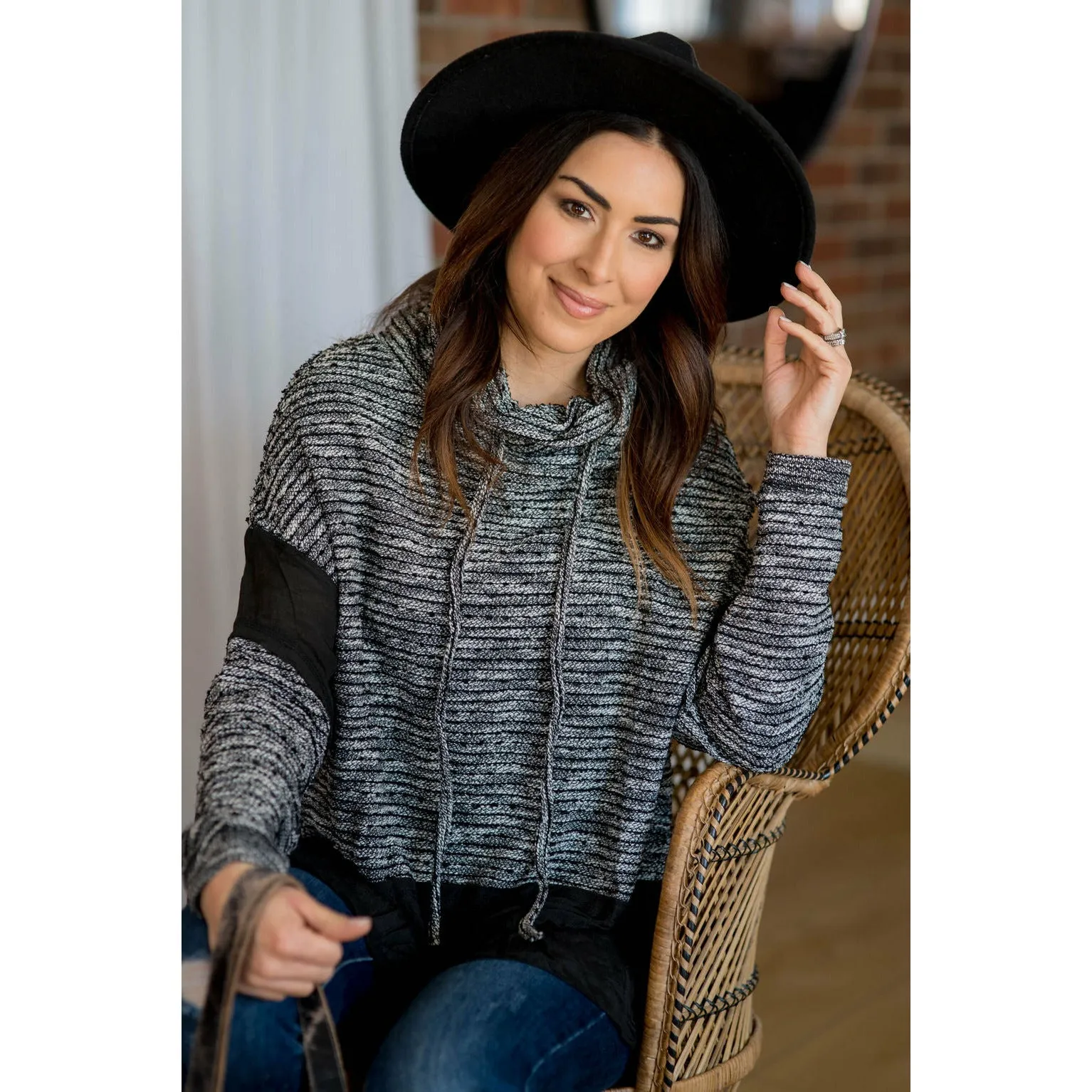 Blouse Accent Textured Cowl Neck Sweatshirt - Grey