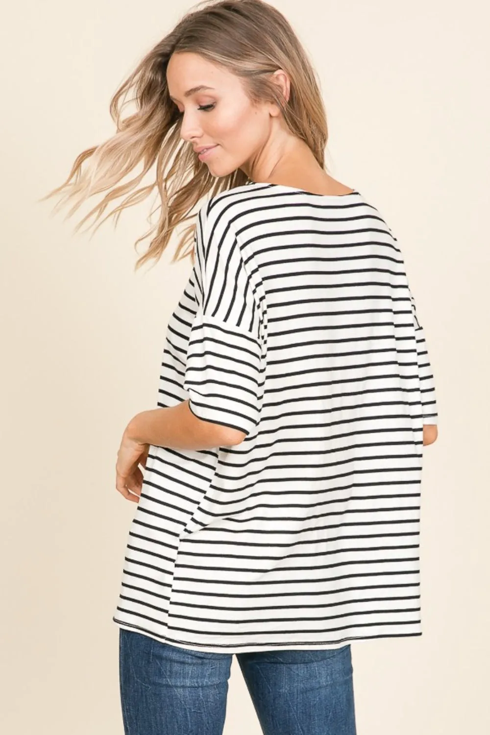 BOMBOM Striped Round Neck T-Shirt