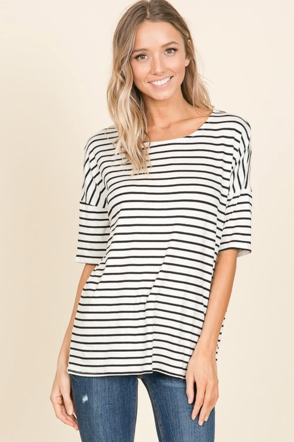 BOMBOM Striped Round Neck T-Shirt