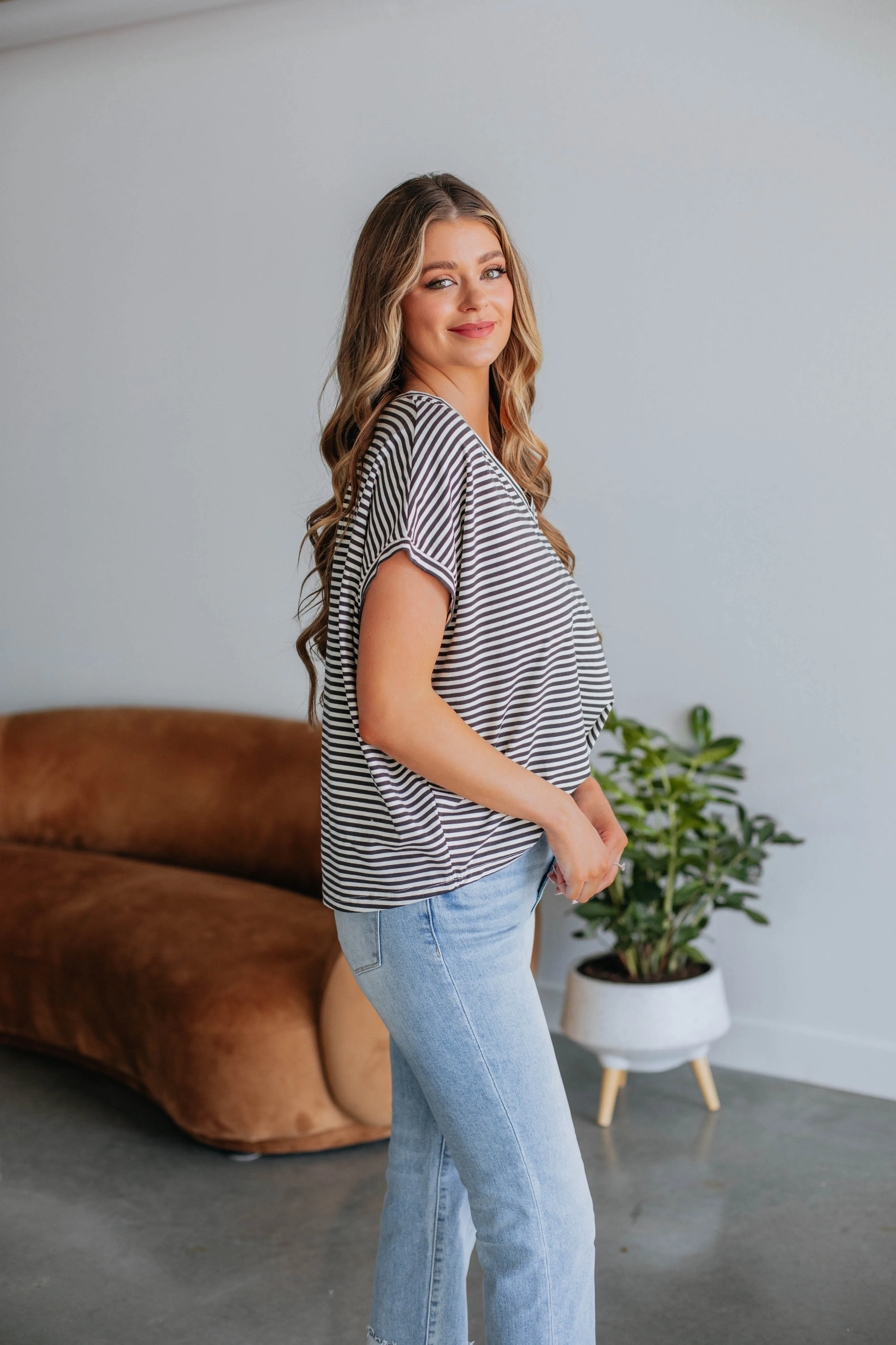 Calvin Striped Top - Charcoal