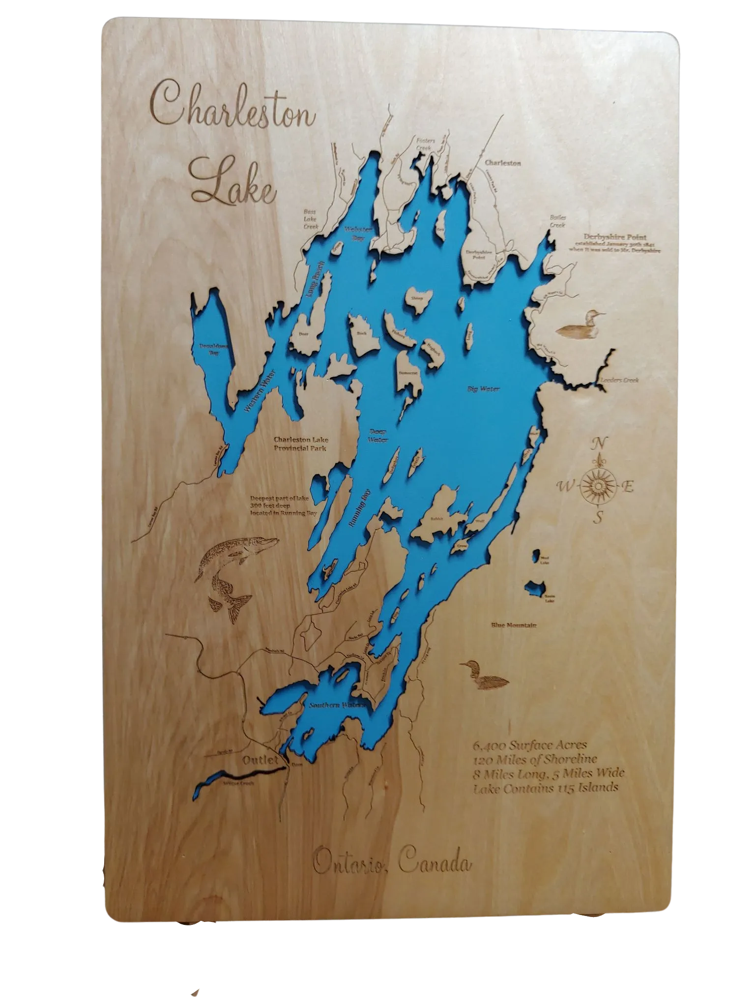 Charleston Lake, Ontario - Laser Cut Wood Map