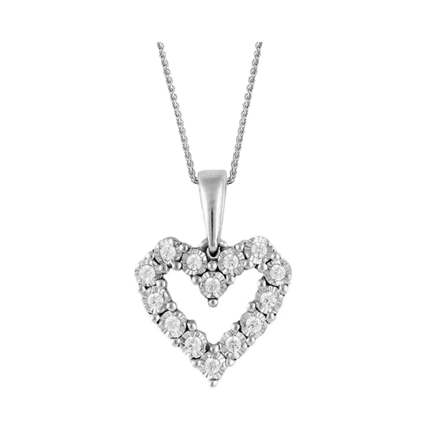 Charming White Gold Illusion Set Diamond Heart Shaped Pendant Necklace, 0.10 cttw