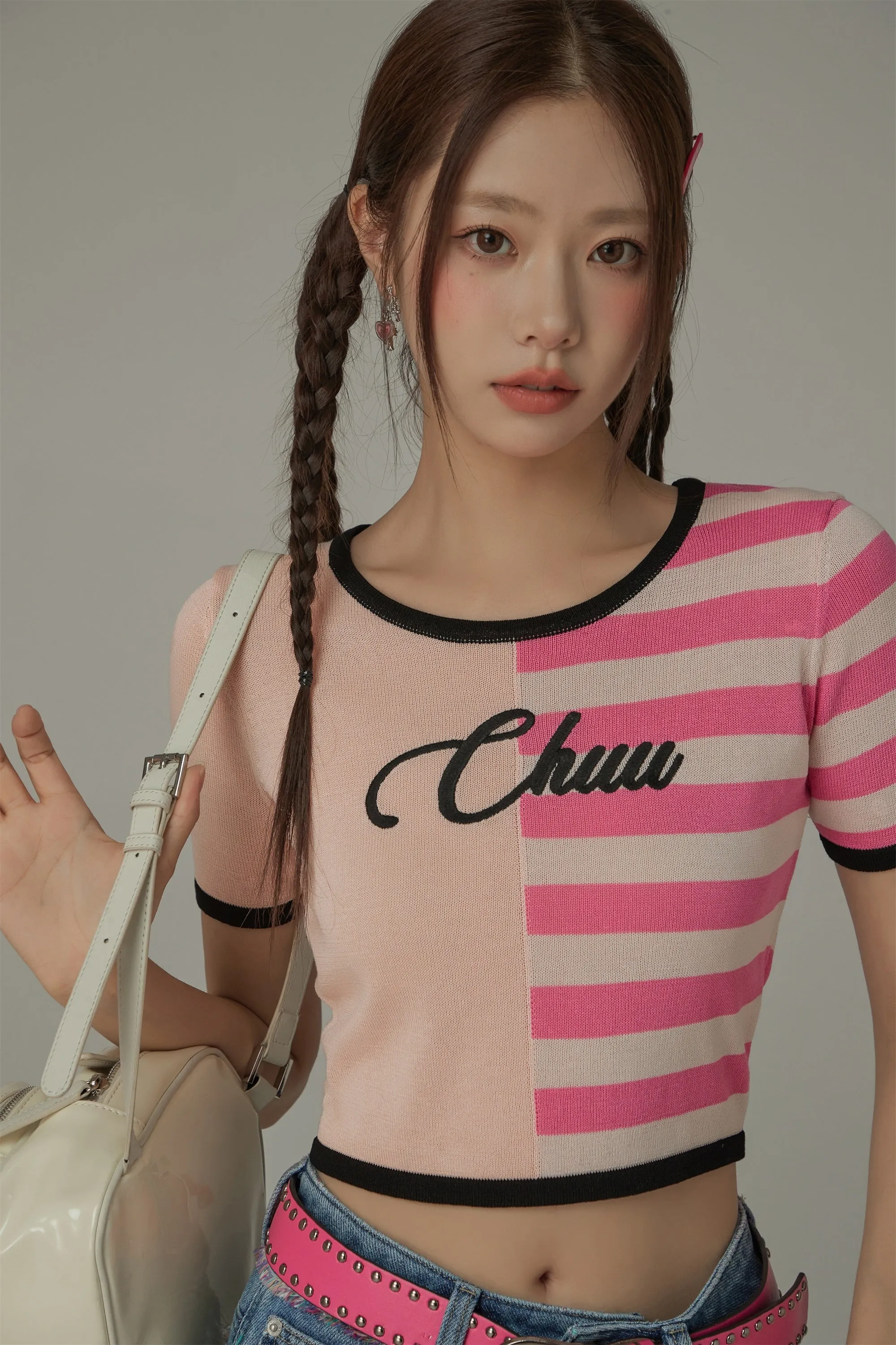 Chuu Lettering Half Striped Colorblocked Knit Crop Top