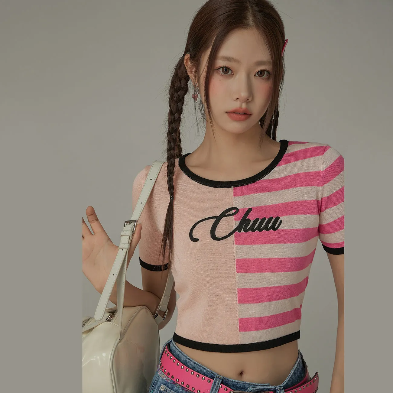 Chuu Lettering Half Striped Colorblocked Knit Crop Top