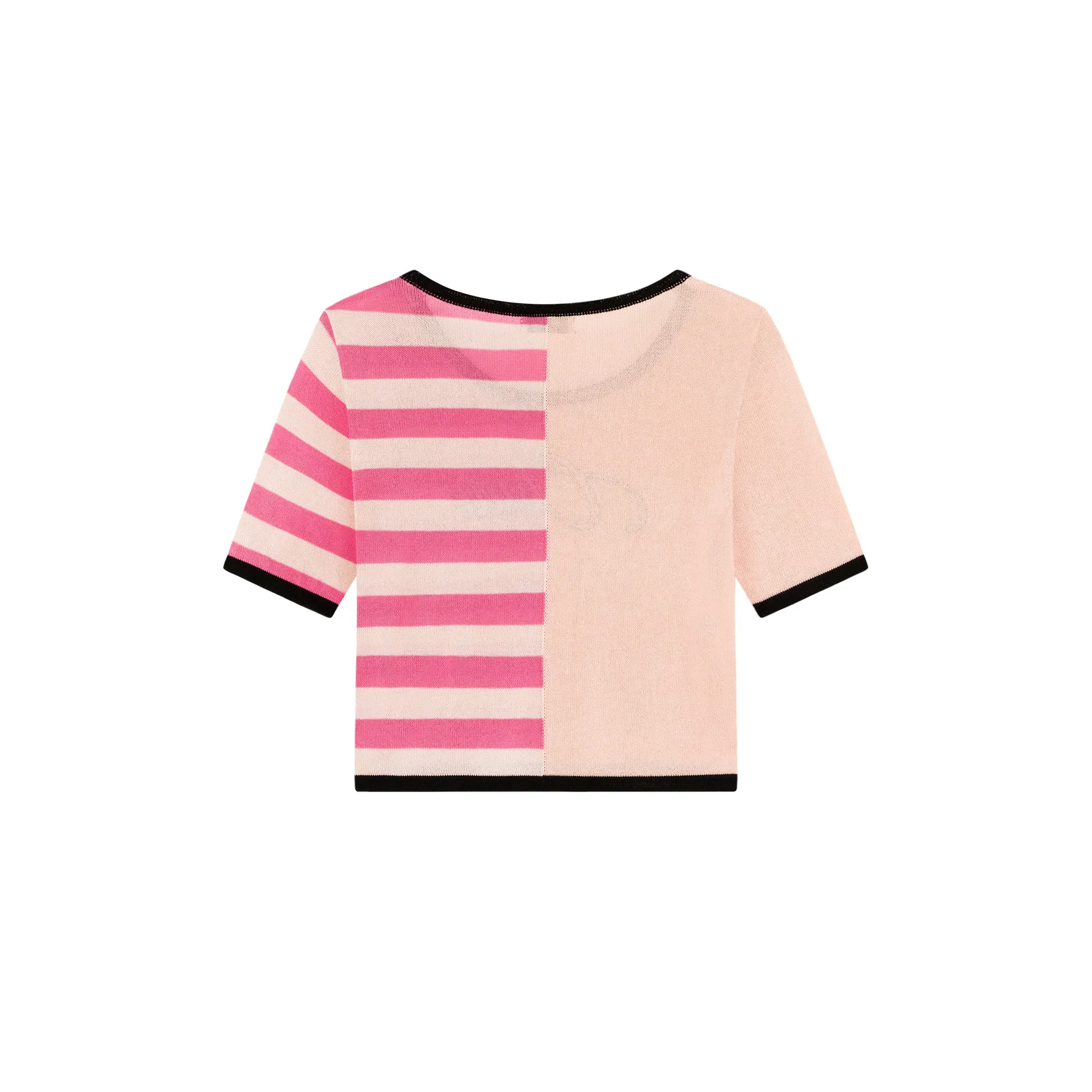 Chuu Lettering Half Striped Colorblocked Knit Crop Top