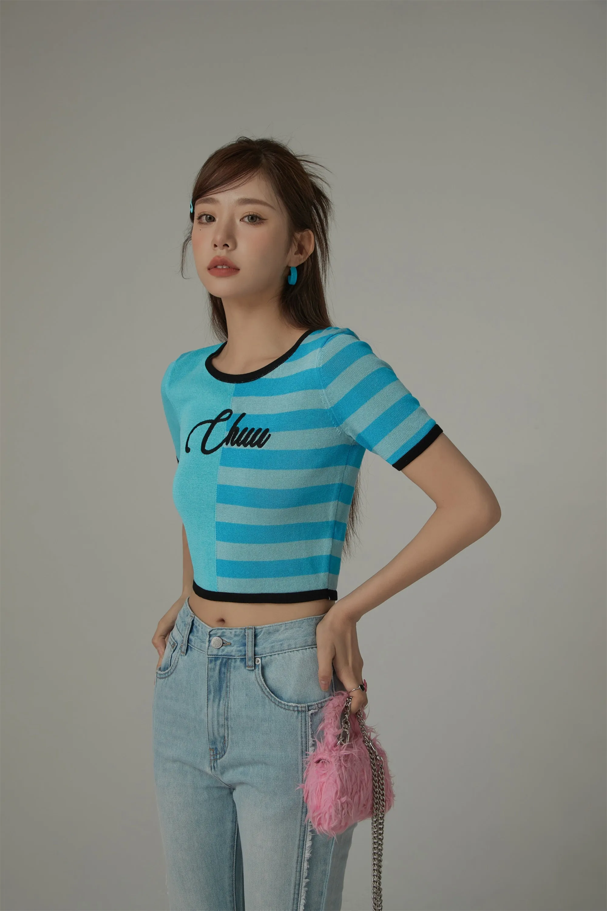 Chuu Lettering Half Striped Colorblocked Knit Crop Top